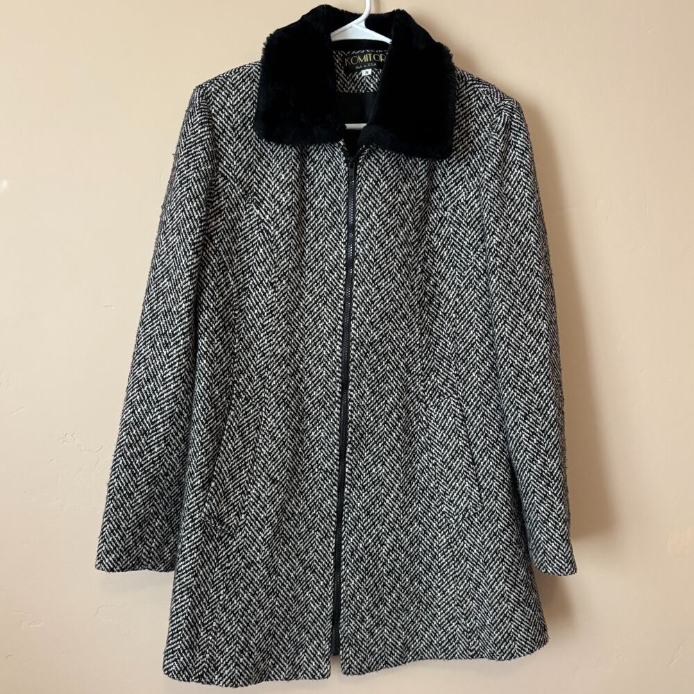 Vtg Komitor Coat Wool Blend Small Full Zip Long Faux‎ Fur Collar Timeless